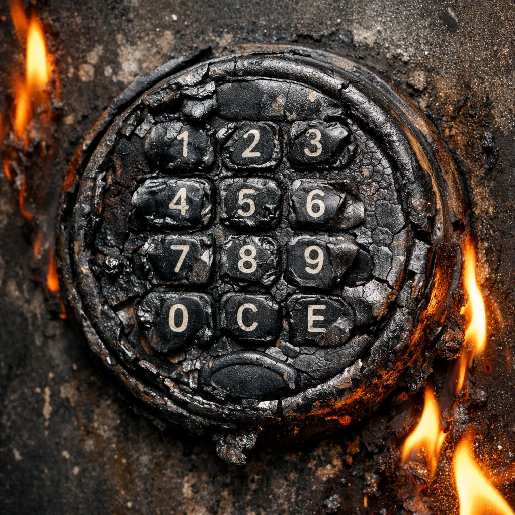 Fire-damaged electronic safe keypad with melted buttons and charred housing